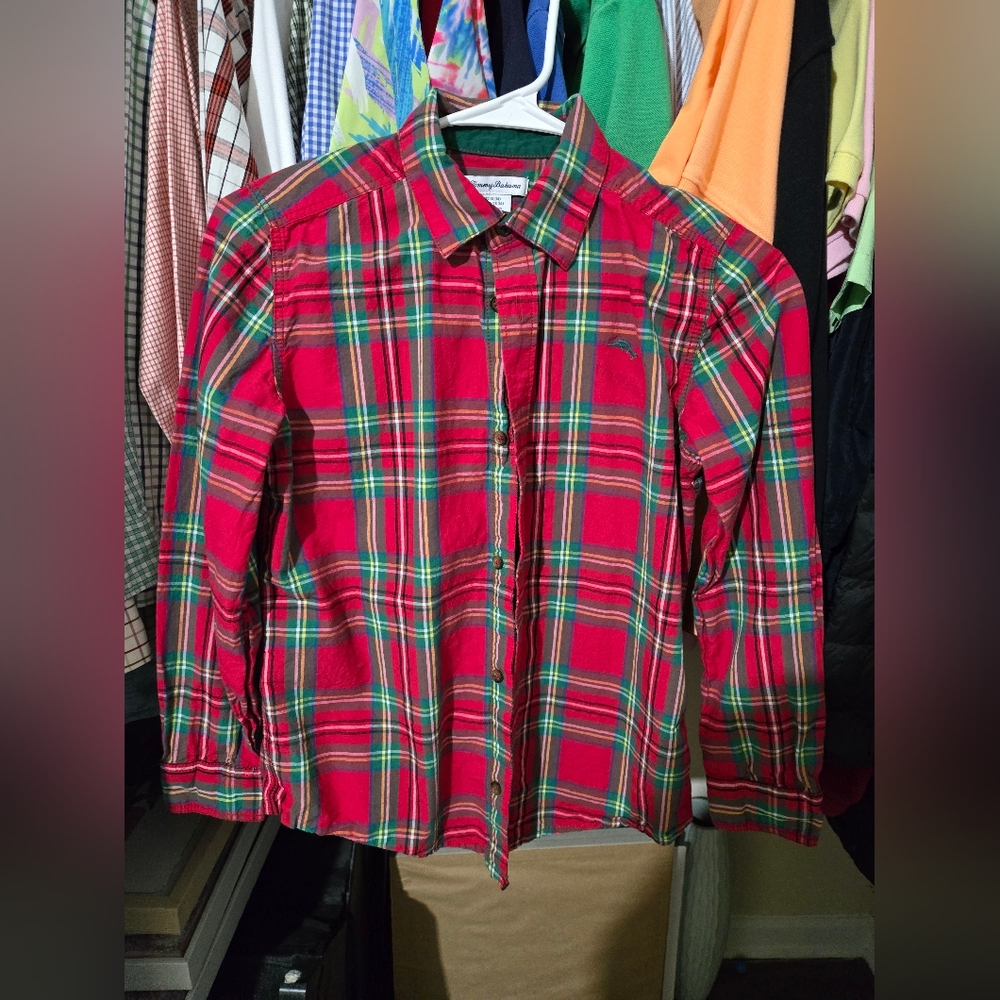 Tommy Bahama Red and Green Plaid Shirt